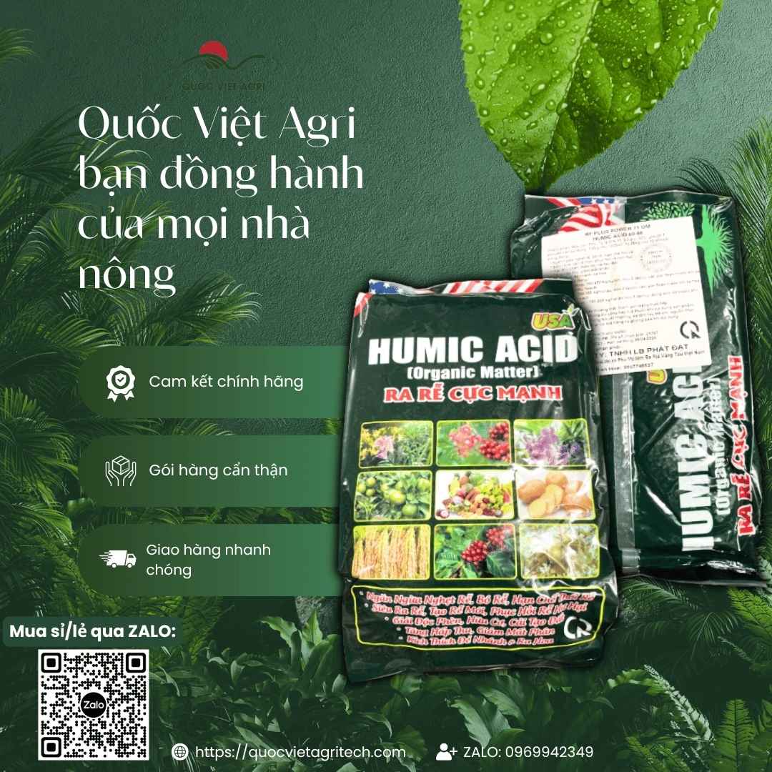 Hình ảnh tổng quan sản phẩm Axit Humic, giải pháp hữu cơ giúp phục hồi cây suy yếu, tăng cường khả năng hấp thu dinh dưỡng và giải độc phèn/hữu cơ.