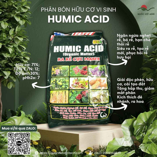 Mặt trước gói phân bón hữu cơ vi sinh Humic Acid 1KG, chuyên dùng để kích rễ mạnh, cải tạo đất, sản phẩm chính hãng của Quốc Việt Agri.

