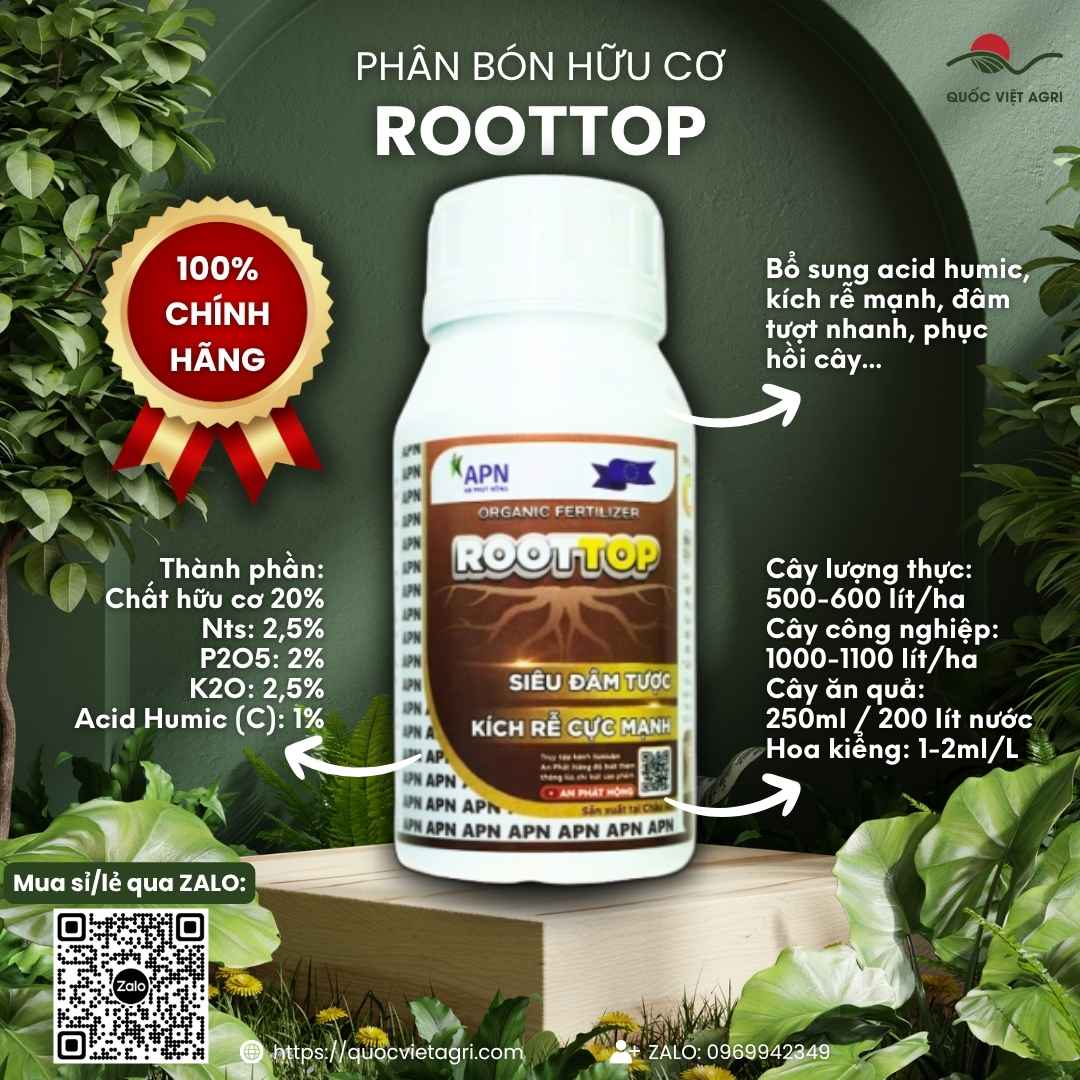 Mặt trước chai phân bón hữu cơ ROOTTOP, chính hãng An Phát Nông