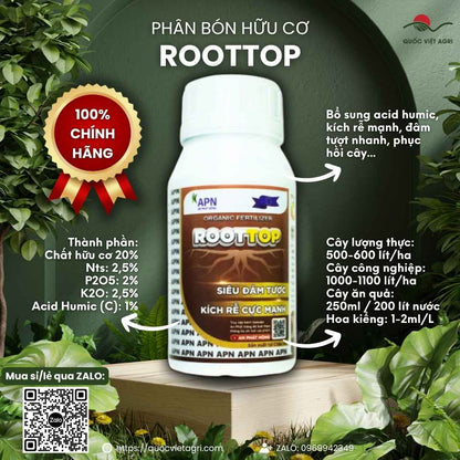 Mặt trước chai phân bón hữu cơ ROOTTOP, chính hãng An Phát Nông