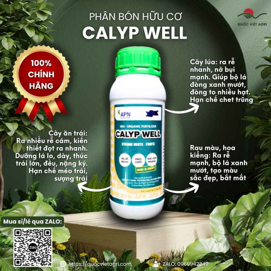 Mặt trước chai Phân Bón Hữu Cơ CALYP WELL 500ml, chuyên kích rễ, dưỡng trái, phục hồi cây.

