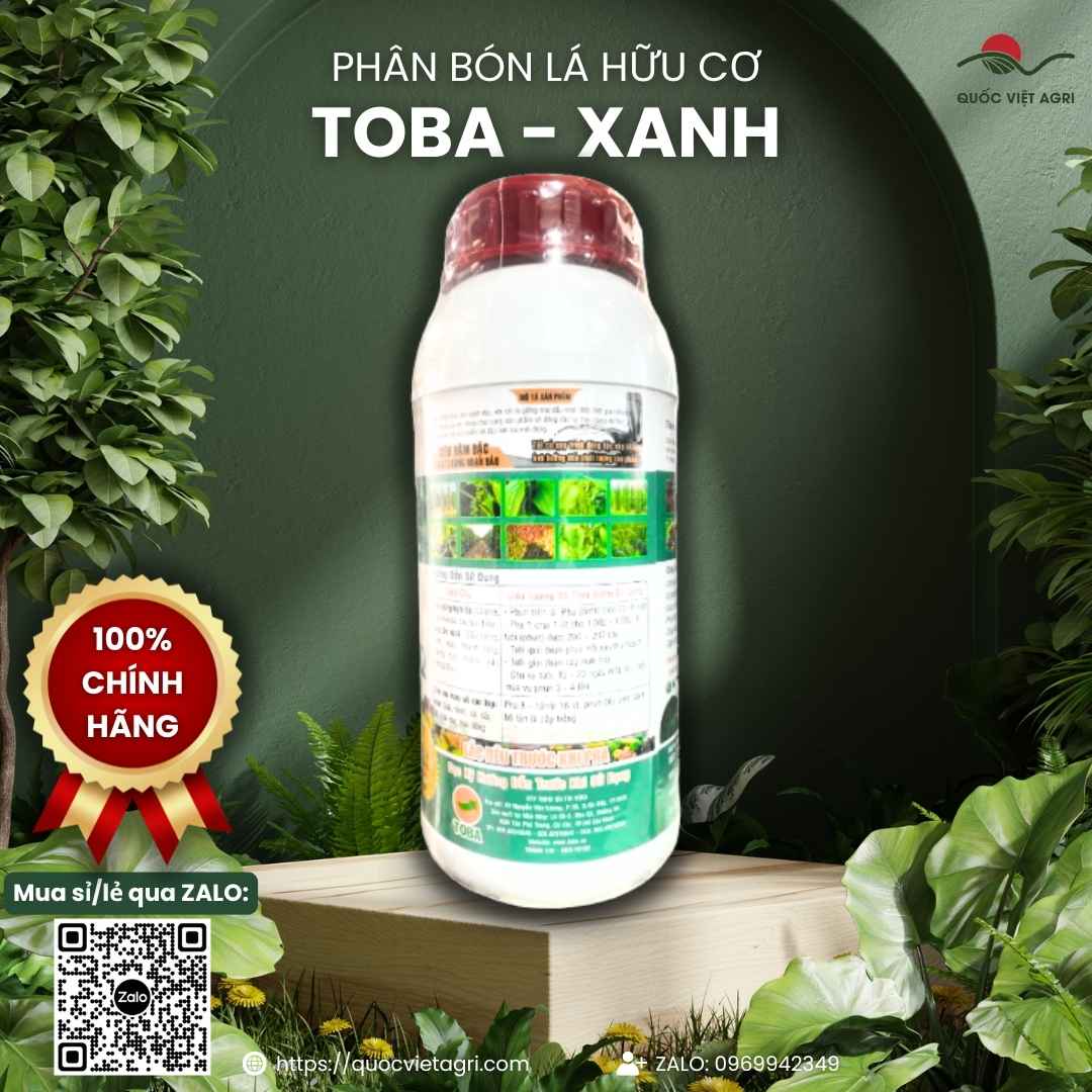 Mặt sau chai phân bón lá hữu cơ Toba Xanh 1 Lít, chuyên dùng để bung đọt, giải độc phèn, sản phẩm chính hãng.