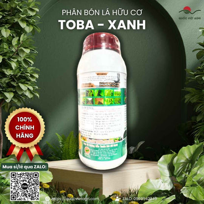 Mặt sau chai phân bón lá hữu cơ Toba Xanh 1 Lít, chuyên dùng để bung đọt, giải độc phèn, sản phẩm chính hãng.