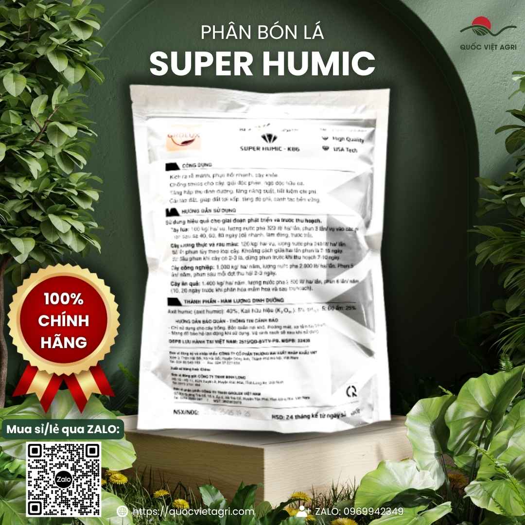 Thành phần Axit Humic 40% mặt sau gói Super Humic cải tạo đất.