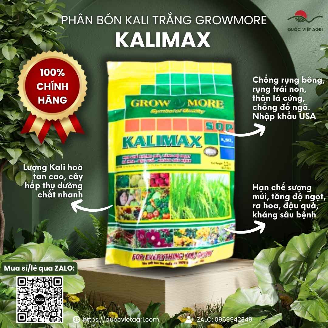 Mặt trước gói phân bón Kali trắng Kalimax 1kg, chuyên dùng để tăng độ ngọt, chống sượng, sản phẩm nhập khẩu Mỹ.