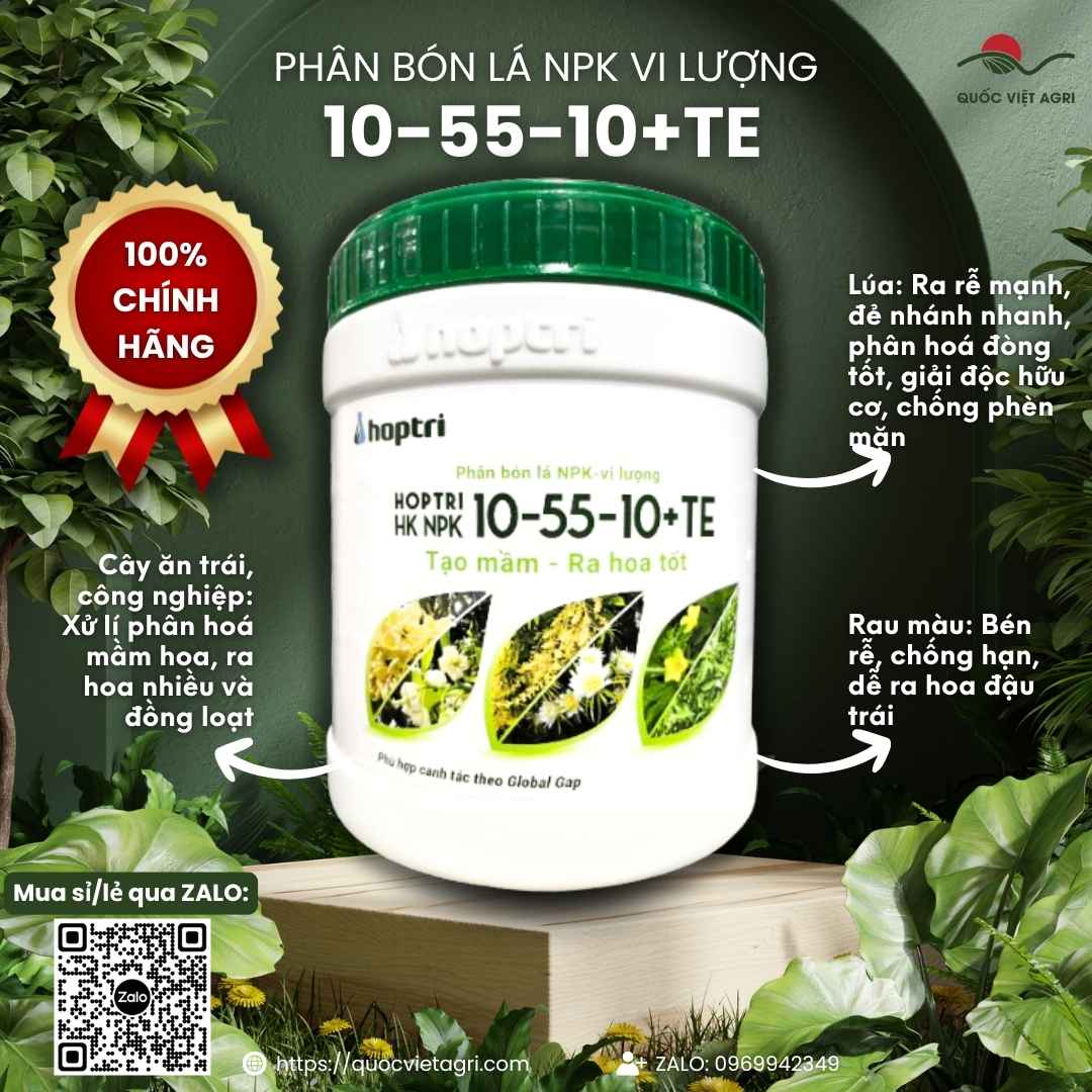 Mặt trước hộp phân bón lá Hợp Trí HK NPK 10-55-10+TE 500g, chuyên dùng để kích thích ra hoa cho mai vàng, cây cảnh, sản phẩm chính hãng Hợp Trí.


