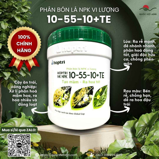 Mặt trước hộp phân bón lá Hợp Trí HK NPK 10-55-10+TE 500g, chuyên dùng để kích thích ra hoa cho mai vàng, cây cảnh, sản phẩm chính hãng Hợp Trí.

