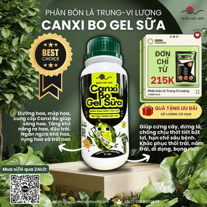 Mặt trước chai phân bón lá Canxi Bo Gel Sữa 500ml, chuyên dùng để chống rụng hoa, trái non, sản phẩm chính hãng của Quốc Việt Agri.

