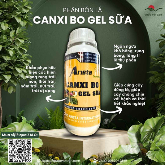 Mặt trước chai phân bón lá Siêu Canxi Bo Gel Sữa 500ml, chuyên dùng để chống rụng hoa, trái non, sản phẩm chính hãng của Quốc Việt Agri.

