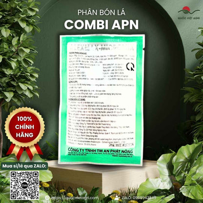 Mặt sau gói phân bón vi lượng Combi APN 30g, chuyên dùng để trị vàng lá, xoăn đọt, sản phẩm chính hãng An Phát Nông.
