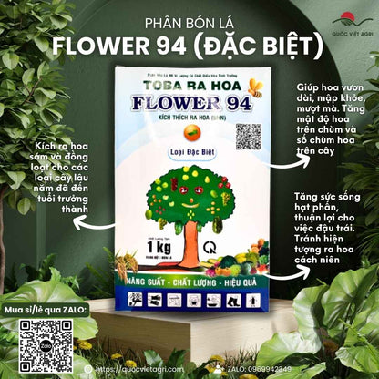 Mặt trước gói phân bón kích hoa Flower 94 Đặc Biệt 1KG, chuyên dùng để xử lý ra hoa nghịch vụ cho xoài, sầu riêng.


