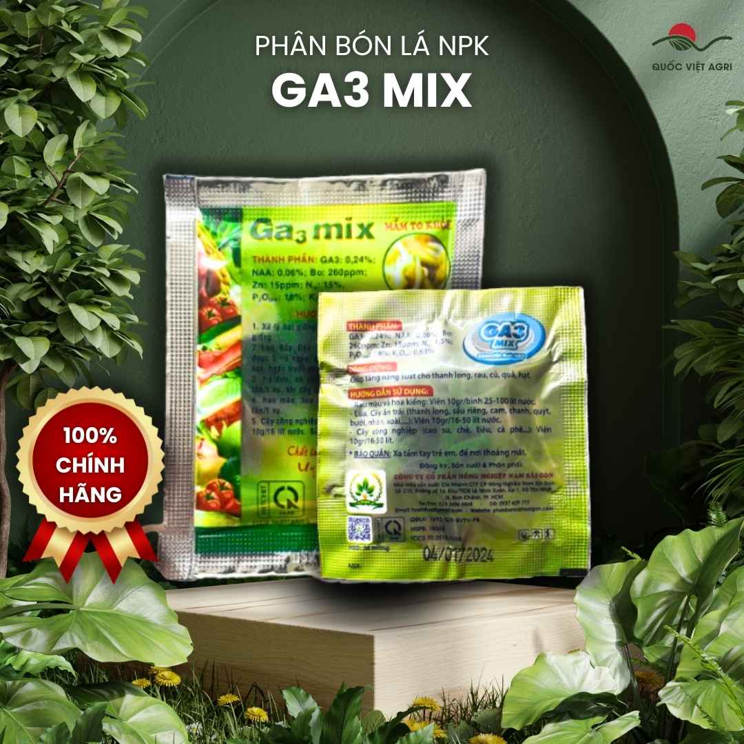 Mặt sau hộp 10 gói phân bón lá GA3 Mix, chuyên dùng để kích thích sinh trưởng, bung đọt, sản phẩm chính hãng.
