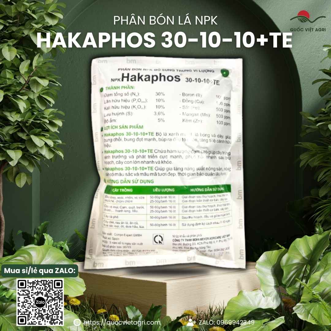 Mặt sau gói phân bón lá Hakaphos 30-10-10+TE 500g, chuyên dùng để bung đọt, phục hồi cây, sản phẩm nhập khẩu Tây Ban Nha.
