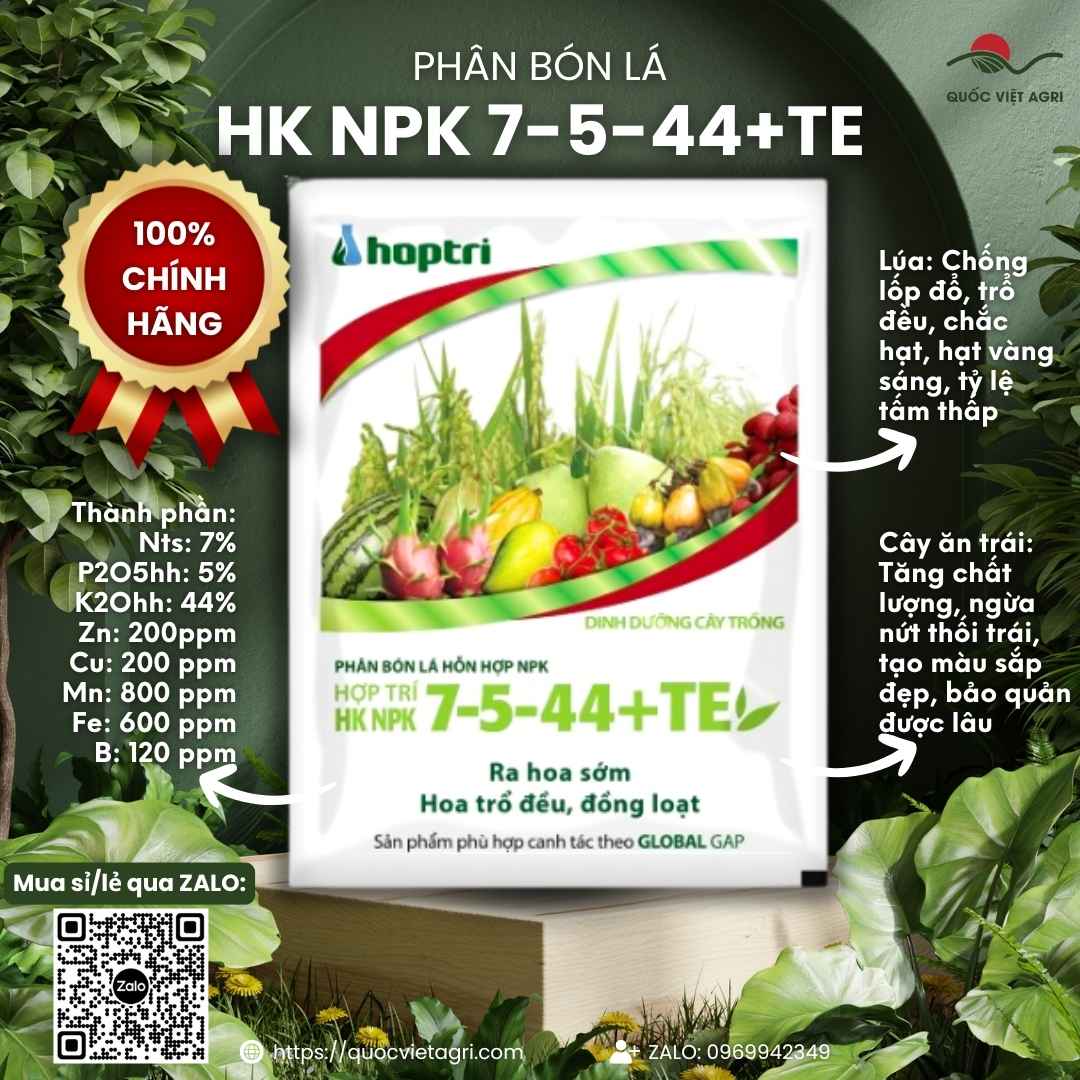 Mặt trước gói phân bón lá Hợp Trí HK NPK 7-5-44+TE 250g, chuyên dùng để tăng độ ngọt, nặng ký, chắc hạt.