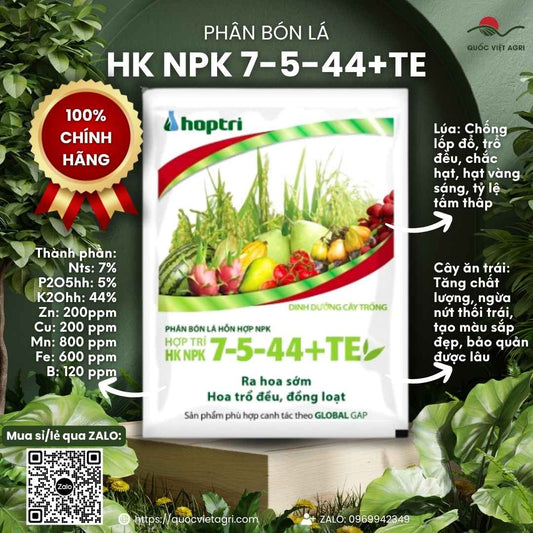 Mặt trước gói phân bón lá Hợp Trí HK NPK 7-5-44+TE 250g, chuyên dùng để tăng độ ngọt, nặng ký, chắc hạt.