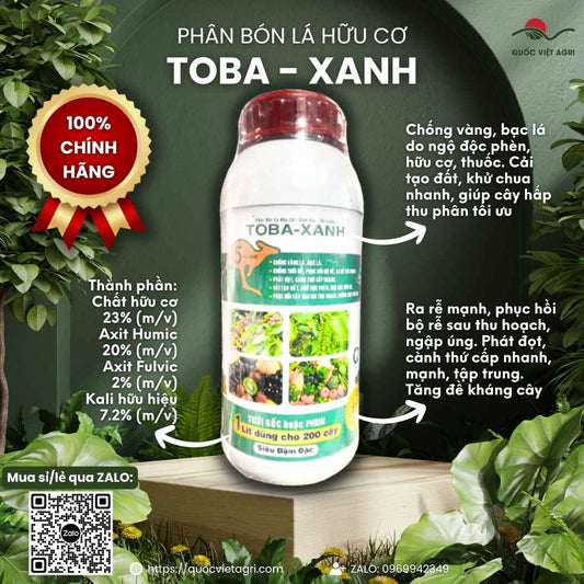 Mặt trước chai phân bón lá hữu cơ Toba Xanh 1 Lít, chuyên dùng để bung đọt, giải độc phèn, sản phẩm chính hãng.