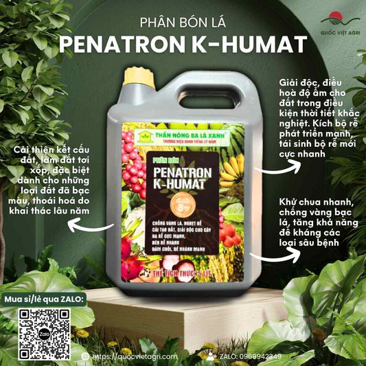 Mặt trước can phân bón Penatron K-Humat 5 Lít, chuyên dùng để kích rễ mạnh, cải tạo đất, sản phẩm chính hãng Ba Lá Xanh.

