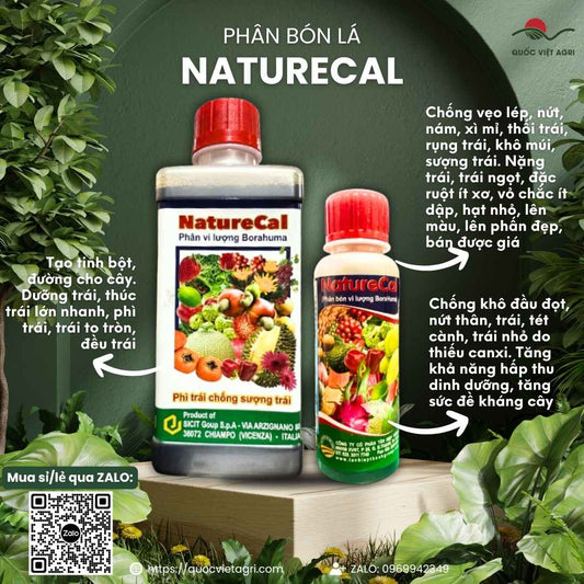 Mặt trước chai phân bón lá Naturecal 500ml, chuyên dùng để siêu lớn trái, chống sượng, sản phẩm nhập khẩu từ Italia.

