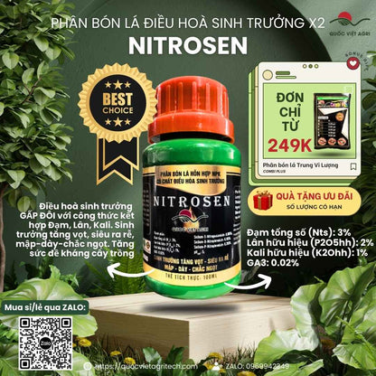 Mặt trước chai Phân bón lá NITROSEN 100ml giúp xanh lá, đẻ nhánh.