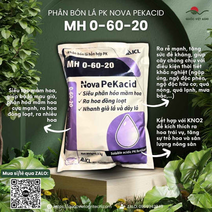 Mặt trước gói phân bón tạo mầm Nova Pekacid 0-60-20 1kg, chuyên dùng để kích hoa sầu riêng, xoài, sản phẩm chính hãng Israel.


