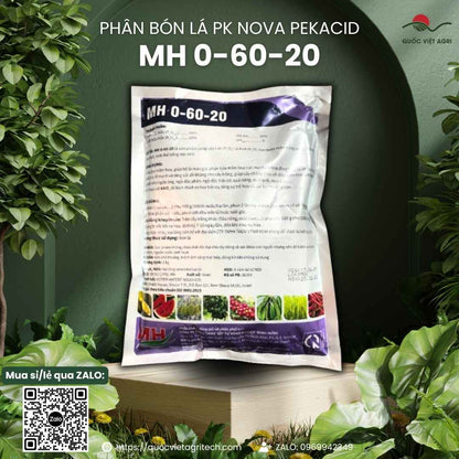 Mặt sau bao phân bón Nova Pekacid 0-60-20 với thông tin thành phần P₂O₅ 60%, K₂O 20% và hướng dẫn sử dụng chi tiết.