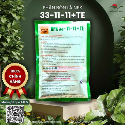 Thành phần NPK và Vi lượng mặt sau gói NPK 33-11-11+TE kéo đọt sầu riêng.