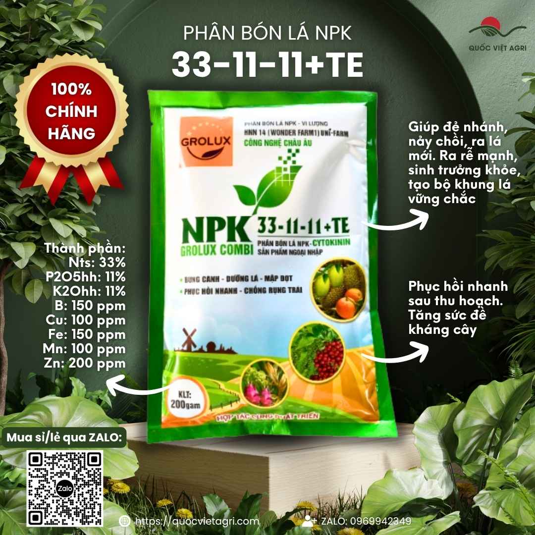 Mặt trước gói Phân bón lá NPK CYTOKININ 33-11-11+TE GROLUX COMBI 200g.