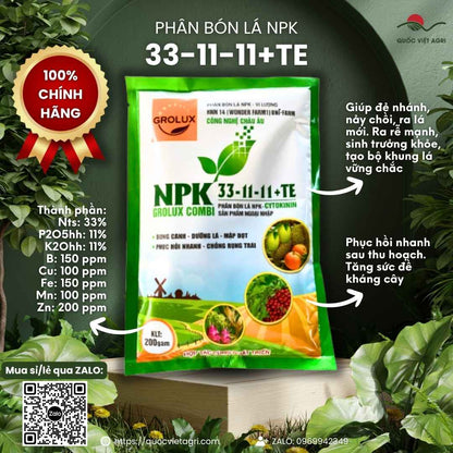 Mặt trước gói Phân bón lá NPK CYTOKININ 33-11-11+TE GROLUX COMBI 200g.