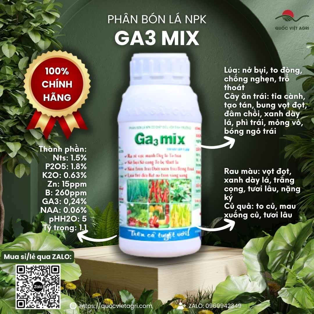 Mặt trước chai phân bón lá GA3 Mix 500ml, chuyên dùng để kích thích sinh trưởng, bung đọt, sản phẩm chính hãng.

