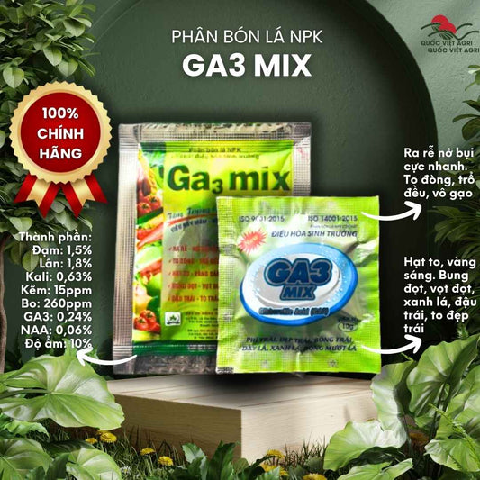 Mặt trước hộp 10 gói phân bón lá GA3 Mix, chuyên dùng để kích thích sinh trưởng, bung đọt, sản phẩm chính hãng.

