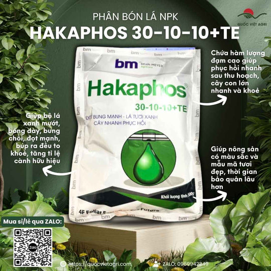 Mặt trước gói phân bón lá Hakaphos 30-10-10+TE 500g, chuyên dùng để bung đọt, phục hồi cây, sản phẩm nhập khẩu Tây Ban Nha.

