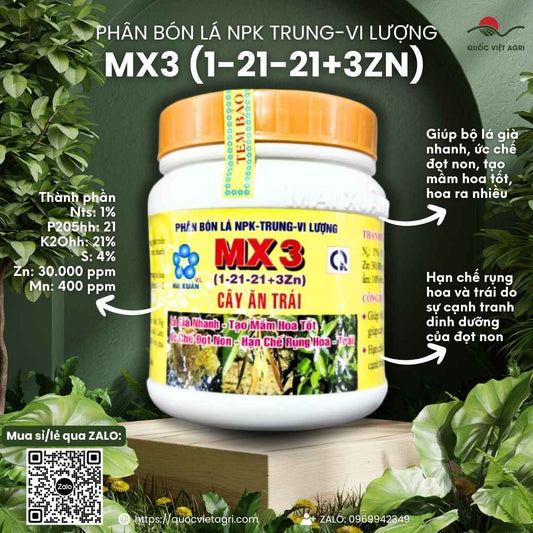 Mặt trước hủ phân bón tạo mầm hoa MX3 400g, chuyên dùng để chặn đọt sầu riêng, sản phẩm chính hãng.