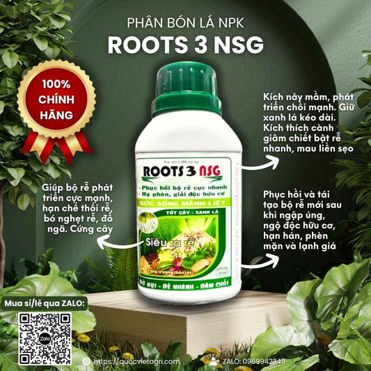 Mặt trước chai phân bón lá Roots 3 NSG 250ml, chuyên dùng để kích rễ cực mạnh, sản phẩm chính hãng Nam Sài Gòn.

