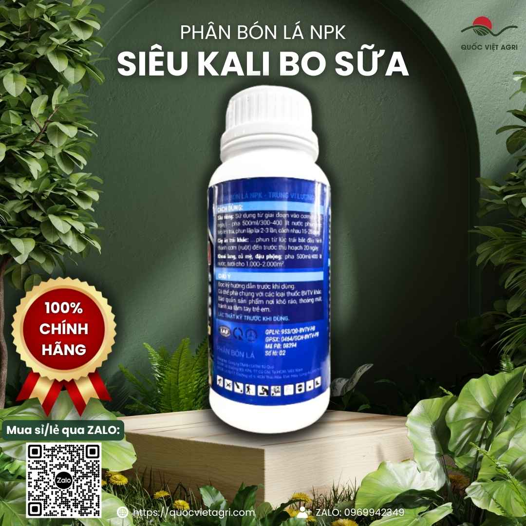 Bảng thành phần Kali 44%, Canxi, Bo mặt sau chai Siêu Kali Bo Sữa.