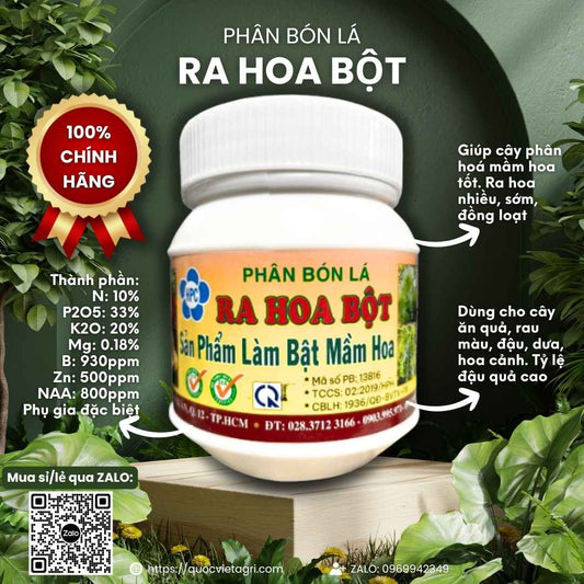 Mặt trước hủ phân bón lá RA HOA BỘT, sản phẩm làm bật mầm hoa