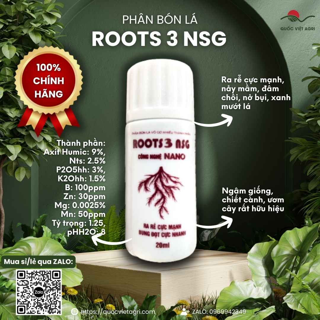 Mặt trước lọ phân bón lá Roots 3 NSG 20ml, chuyên dùng để kích rễ cực mạnh, sản phẩm chính hãng Nam Sài Gòn.

