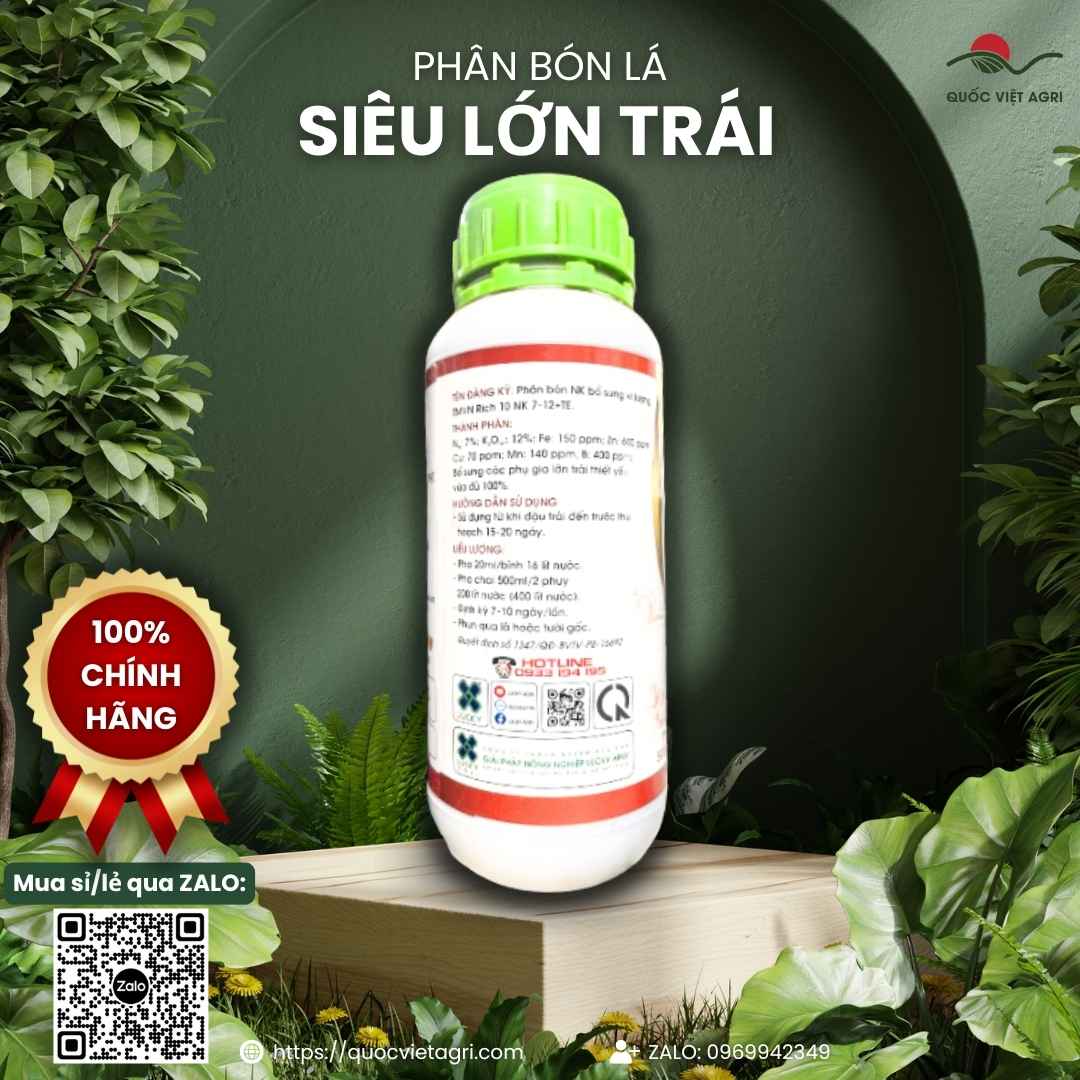 Mặt sau chai phân bón lá Siêu Lớn Trái 500ml, chuyên dùng để nuôi trái sầu riêng, chống nứt, sản phẩm chính hãng.

