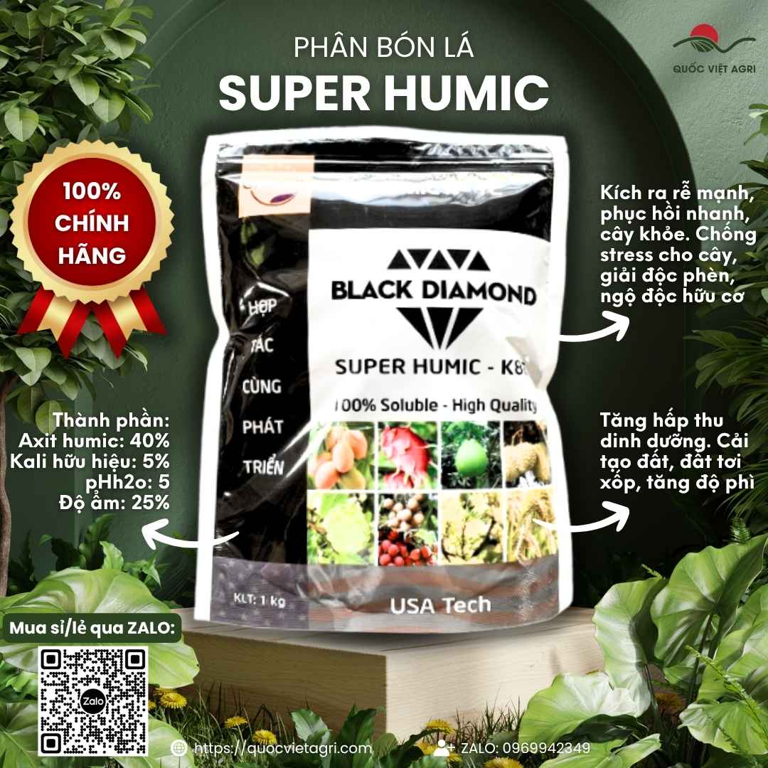 Mặt trước gói Phân bón SUPER HUMIC GROLUX 1KG kích rễ mạnh.