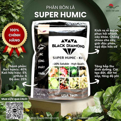 Mặt trước gói Phân bón SUPER HUMIC GROLUX 1KG kích rễ mạnh.