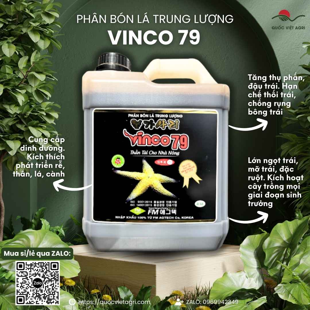 Mặt trước can phân bón lá Vinco 79 (Vino 79) 4 Lít, chuyên dùng để chống rụng hoa, tăng đậu trái, chiết xuất Sao Biển.