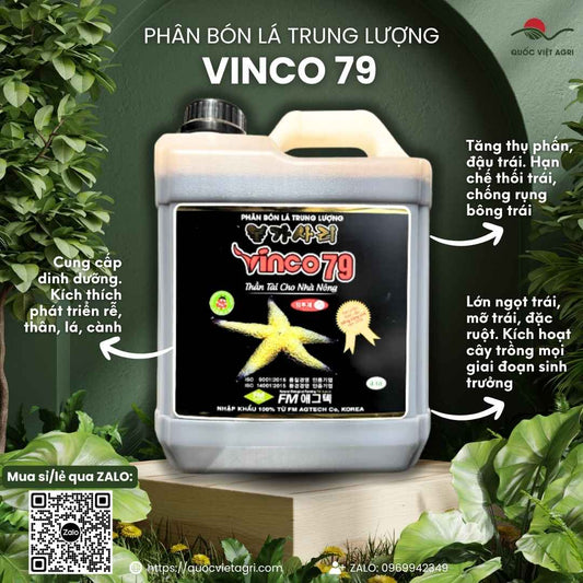 Mặt trước can phân bón lá Vinco 79 (Vino 79) 4 Lít, chuyên dùng để chống rụng hoa, tăng đậu trái, chiết xuất Sao Biển.
