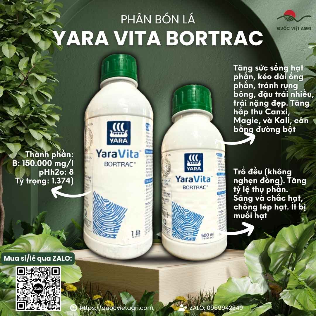 Mặt trước chai phân bón lá Bortrac 500ml, chuyên dùng để tăng đậu trái, chống rụng hoa, sản phẩm chính hãng Yara - Hợp Trí.

