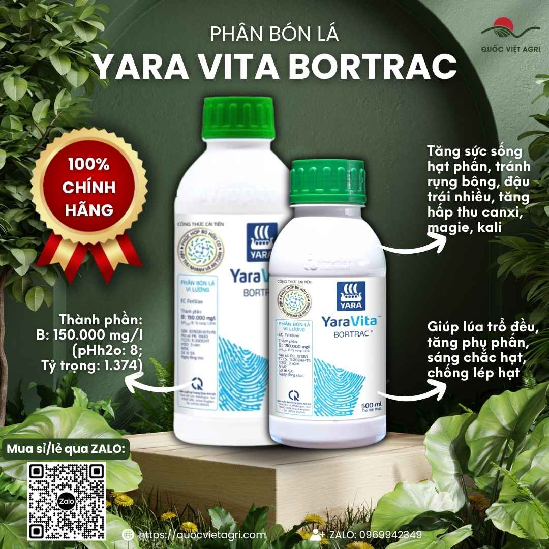 Mặt trước chai phân bón lá Bortrac 500ml, chuyên dùng để tăng đậu trái, chống rụng hoa, sản phẩm chính hãng Yara - Hợp Trí.
