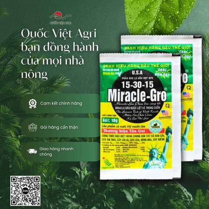 Ảnh toàn diện gói phân bón Miracle-Gro 15-30-15+TE 10g, chứa NPK 15-30-15 và vi lượng chelate, chuyên kích hoa, tăng đậu trái.
