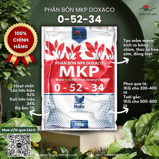 Mặt trước bao bì phân bón lá MKP Haifa Plus 0-52-34 Doxaco gói 1kg.