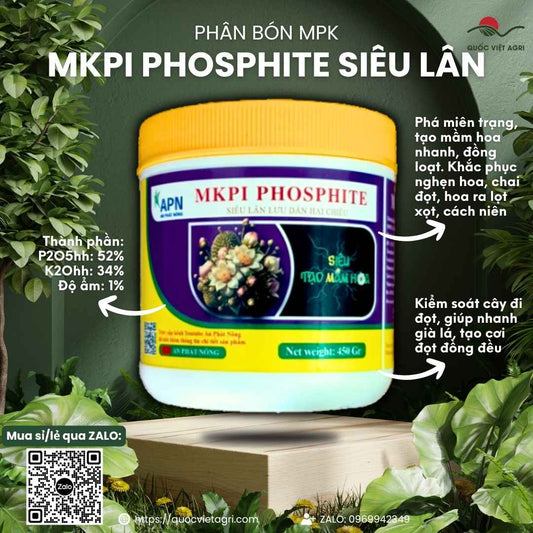 Mặt trước hộp phân bón MKPI Phosphite Siêu Lân 450g, chuyên dùng để tạo mầm hoa, chặn đọt, sản phẩm chính hãng An Phát Nông.

