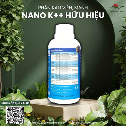 Mặt sau chai Nano K++ với thành phần Kali 30% và hướng dẫn sử dụng cho lúa.