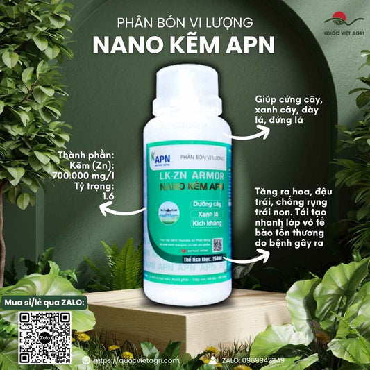 Mặt trước chai phân bón Nano Kẽm APN 250ml, chuyên dùng để trị vàng lá, xanh cây, sản phẩm chính hãng An Phát Nông.

