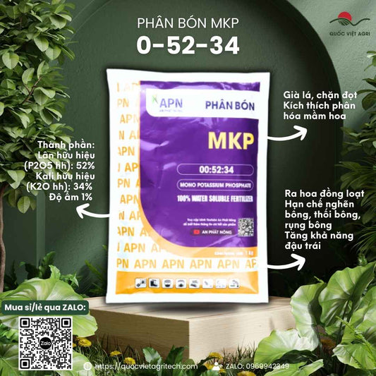 Mặt trước gói phân bón MKP 0-52-34 1KG, chuyên dùng để tạo mầm hoa, chặn đọt sầu riêng, sản phẩm chính hãng An Phát Nông.

