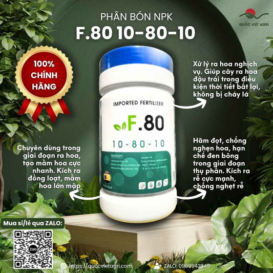 Mặt trước hủ phân bón Siêu Lân F80 10-80-10+TE 500g, chuyên dùng để tạo mầm hoa, kích rễ, sản phẩm chính hãng.

